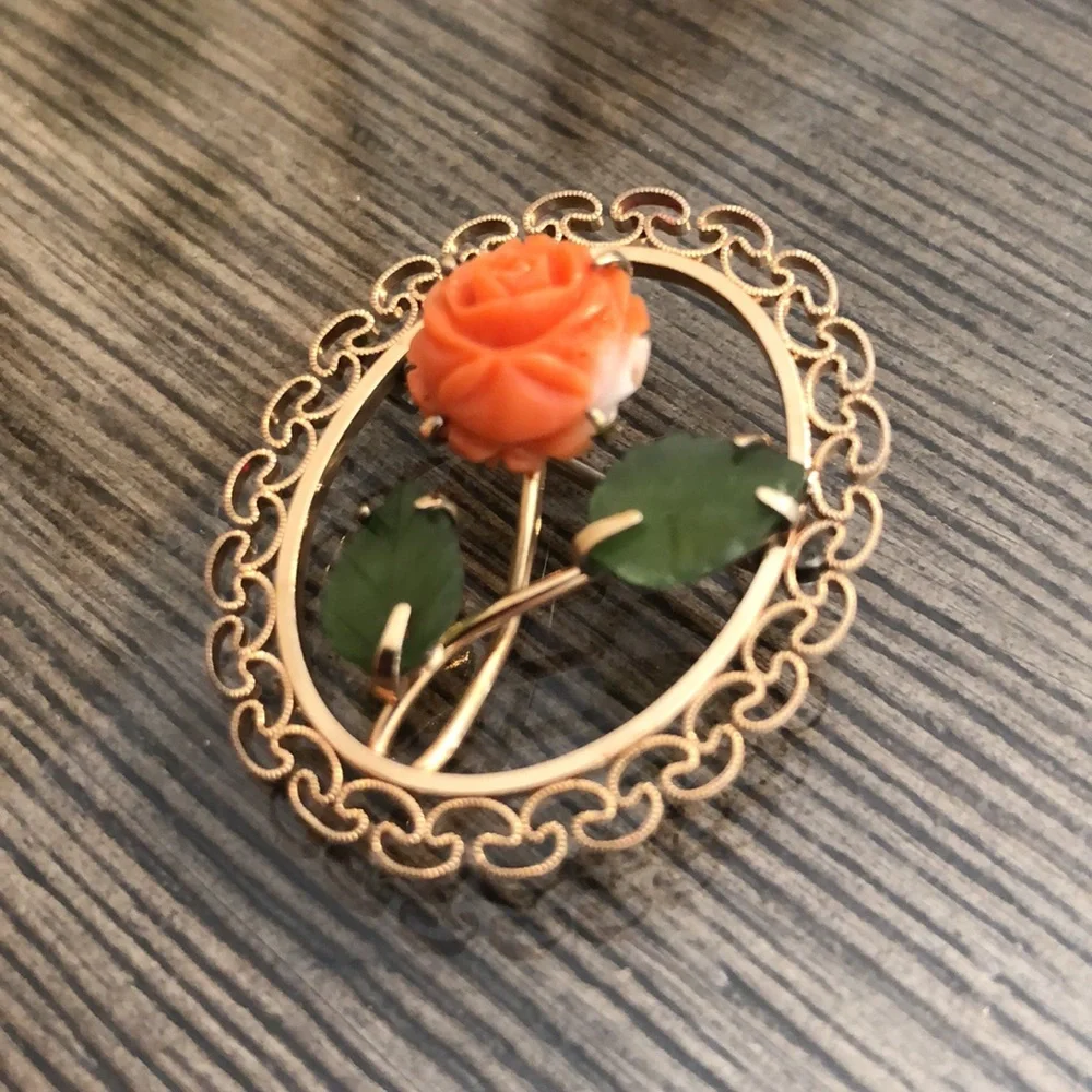 Vintage Gold Plated Coral Rose and Jade Leaves Pin